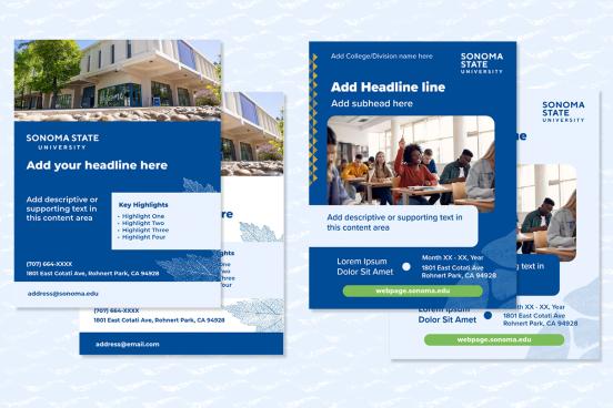 Overlapping template examples for two different template designs in dark blue and light blue.