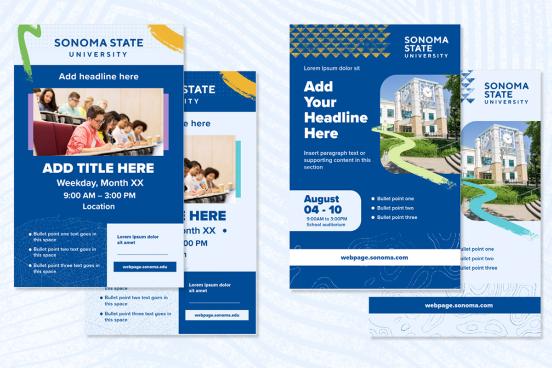 Overlapping template examples for two different template designs in dark blue and light blue.